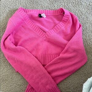 Divided Pink V-Neck Sweater with Ribbed Texture